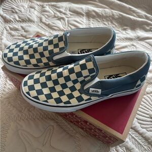 Vans Blue and Cream Checkerboard Slip-On Sneakers